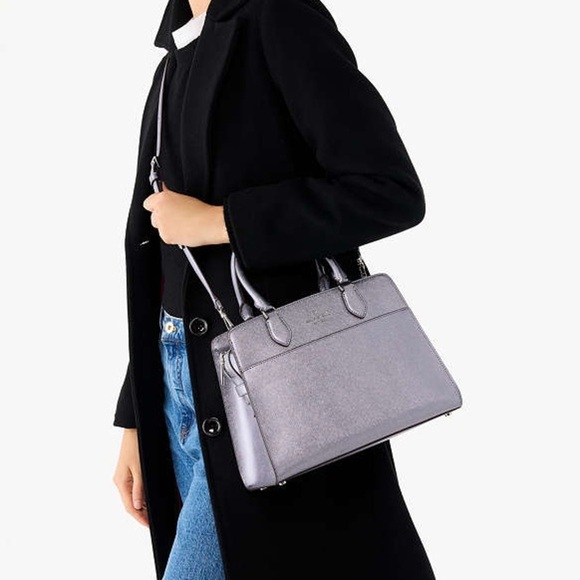 Kate Spade Madison Medium Metallic Gray Saffiano Pvc Satchel Purse Handbag - Picture 2 of 12